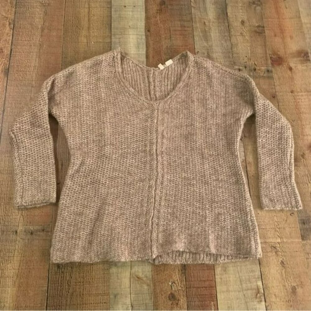 Moth womens cream and tan wool knit long sleeve v-neck sweater -S